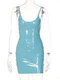 pu leather scoop neckline spaghetti strap mini dress