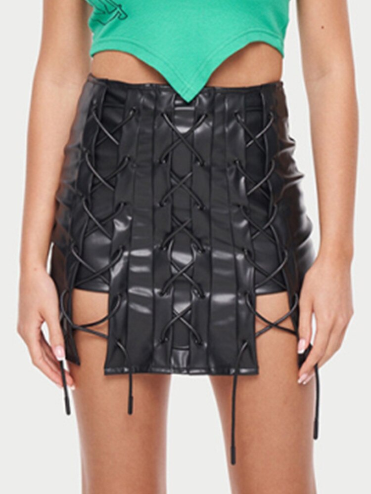 mesh turtleneck off shoulder top cross bandage skirt