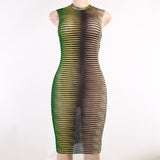 stripe mesh bodycon vest dress