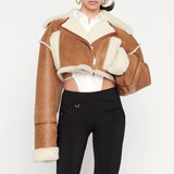 splicing with fur pu leather cropped jacket