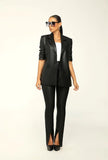 pu leather blazer front slit trousers suit set
