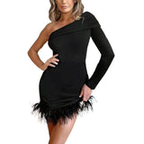 feather one shoulder long sleeve dress