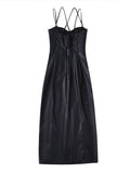 faux leather pleated zippered midi dress