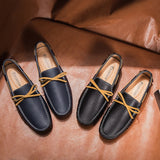 round toe oxford stripe patchwork leather loafers