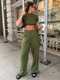 o neck short sleeve sexy crop top low waist straight trousers