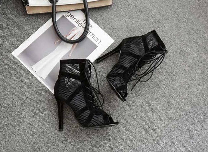 cross tied peep toe ankle strap net surface hollow out lace up boots