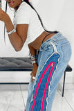Street Patchwork Pocket Buttons Zipper Mid Waist Straight Denim Jeans