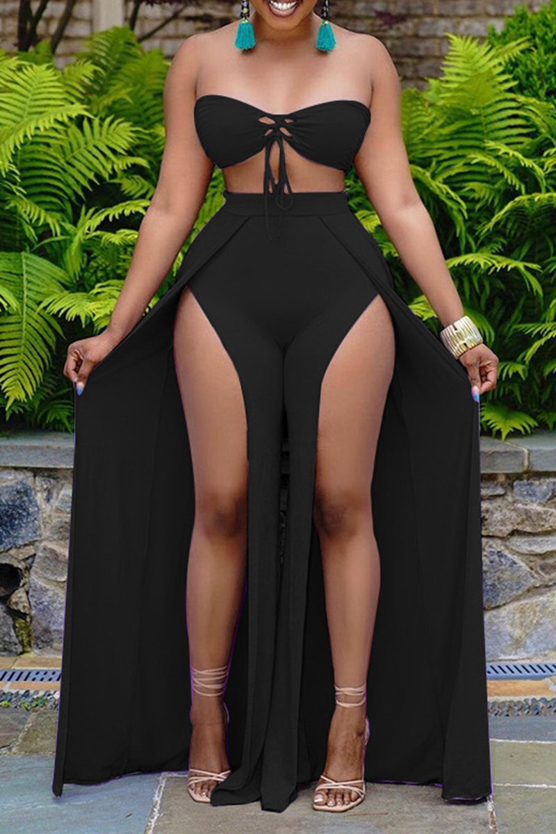 Sexy Solid Split Joint Strapless Sleeveless Two Pieces