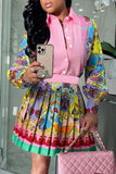 Casual Print Patchwork Pleated Shirt Collar Long Sleeve Two Pieces