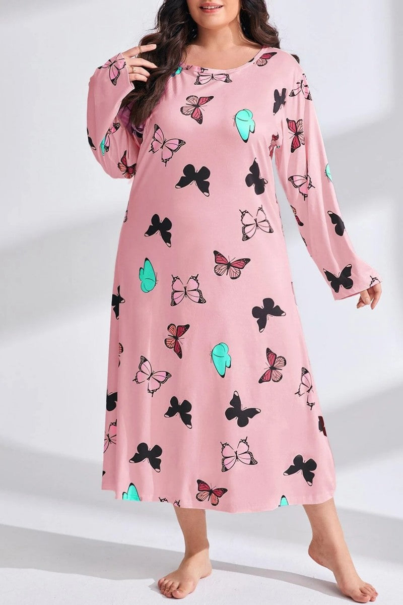Casual Living Butterfly Print Basic O Neck Long Sleeve Plus Size Nightdress