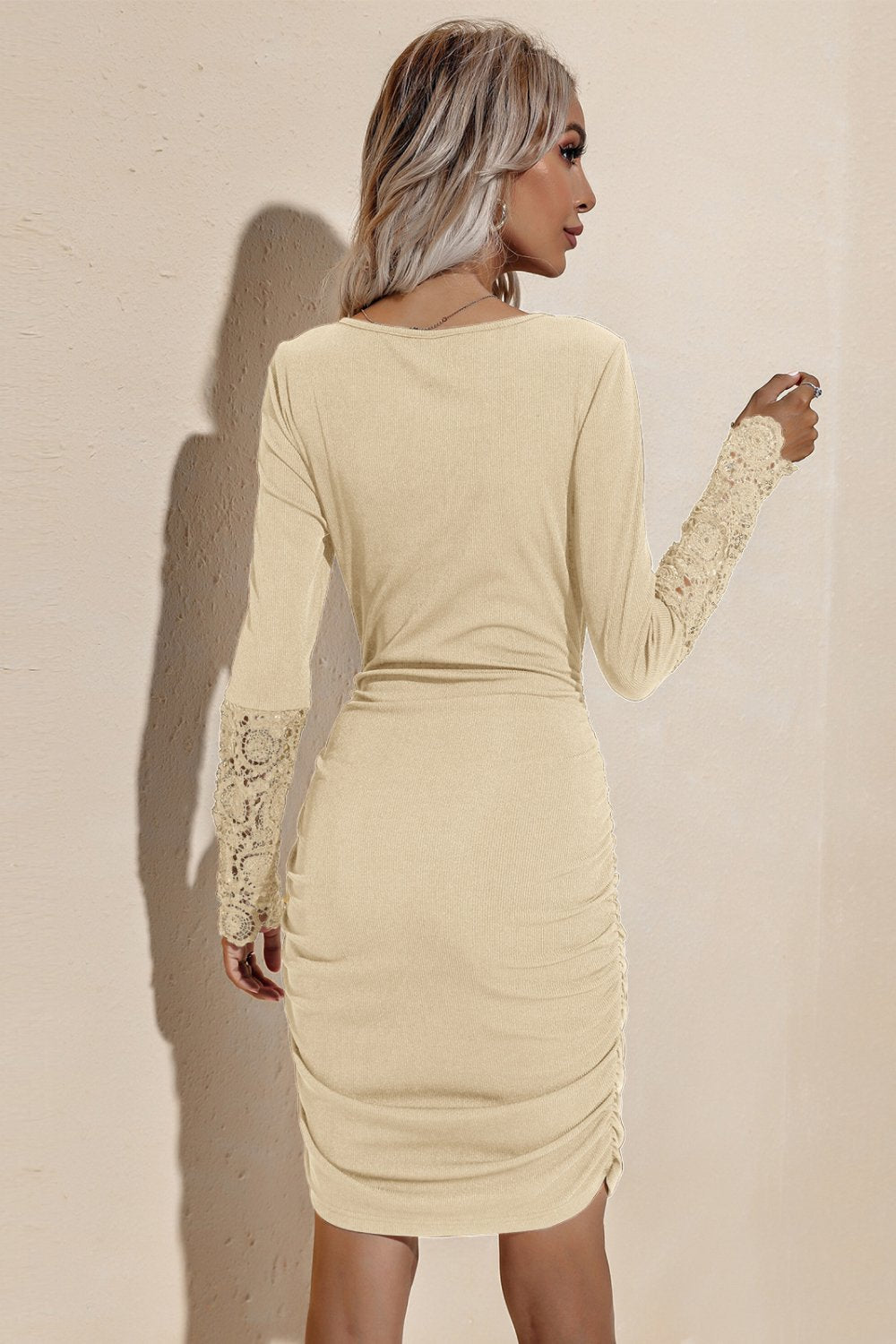 lace sleeves ruched henley dress