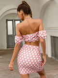 polka dot halter neck cropped top and slit skirt set