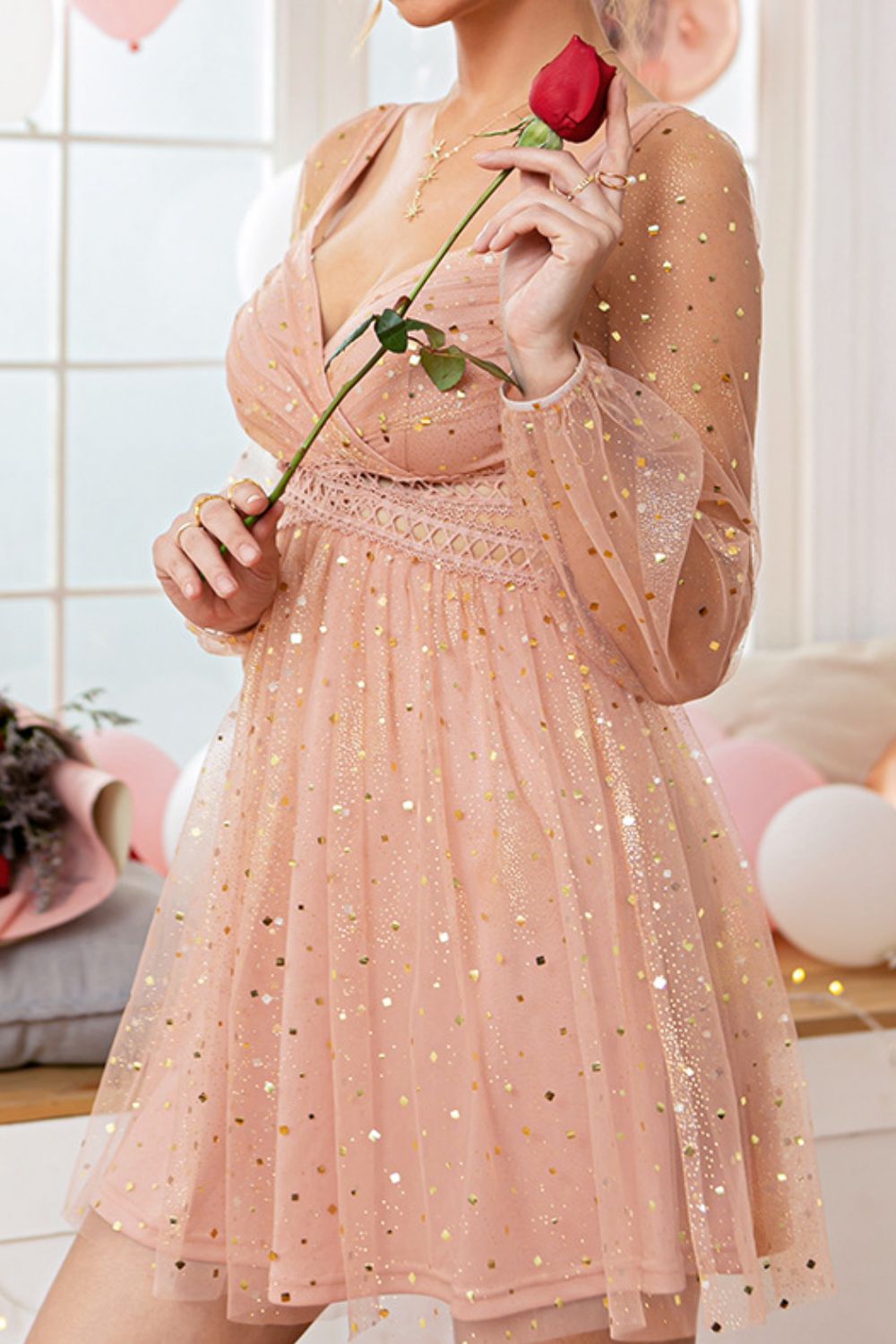glitter ruched mesh sleeve mini dress 1