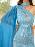 sequin super long sleeve halter neck split dress