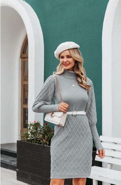 simplee turtleneck long cable knitted women pullover sweater dress vintage autumn winter lantern sleeve female outwear dresses