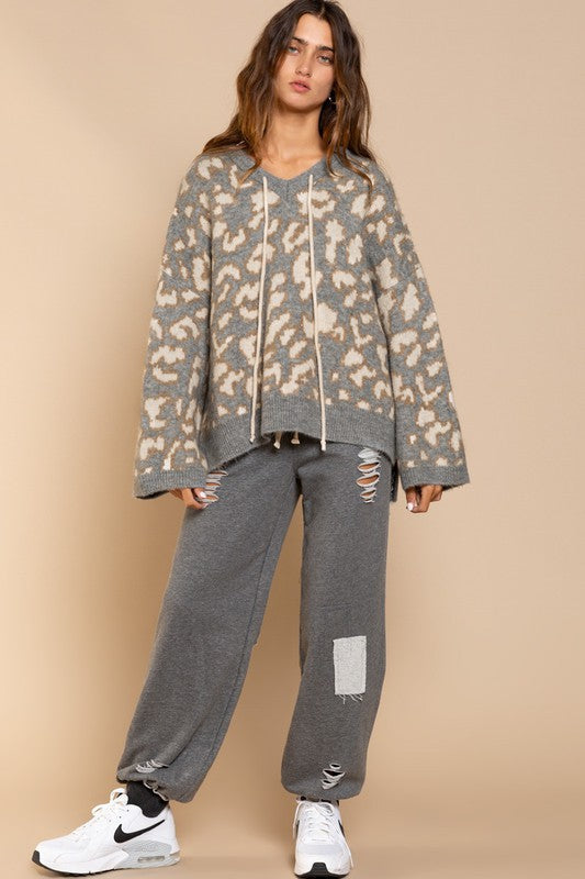 pol leopard print high low hooded sweater