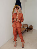 one button lapel collar blazer and ankle tie pants set