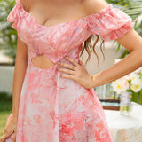 floral cutout off shoulder mini a line dress