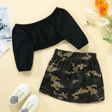 girls cropped top and camouflage skirt set