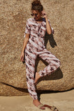 printed tie front jogger jumpsuit