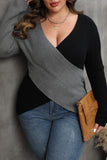 Casual Patchwork Contrast V Neck Plus Size Tops