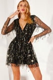 sequined fringe detail mesh sleeve plunge mini dress