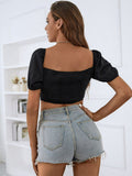 ruched drawstring sweetheart neck puff sleeve cropped top