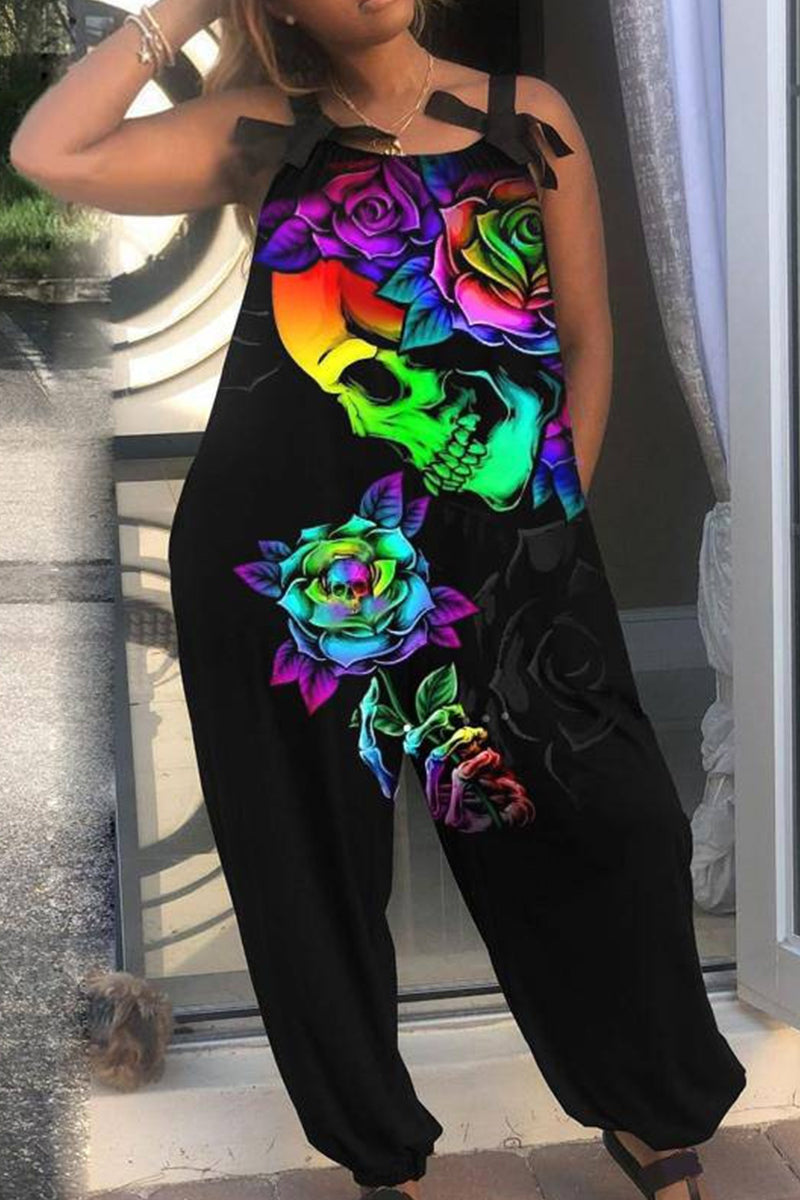 Casual Print Patchwork Backless Spaghetti Strap Regular Jumpsuits