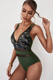 camouflage spliced mesh one piece swimsuit