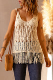 sleeveless cable knit fringe detail open work top