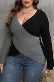 Casual Patchwork Contrast V Neck Plus Size Tops