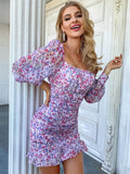 floral ruched long sleeve mini dress