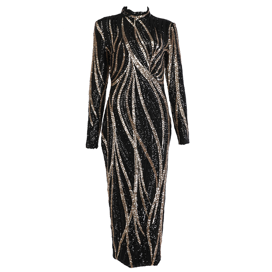 glittering geometrical foil turtleneck sequin bodycon dress