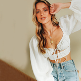 hollow out ruched lace up puff sleeved crop top