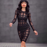 perspective grid mesh long sleeve bodycon dress