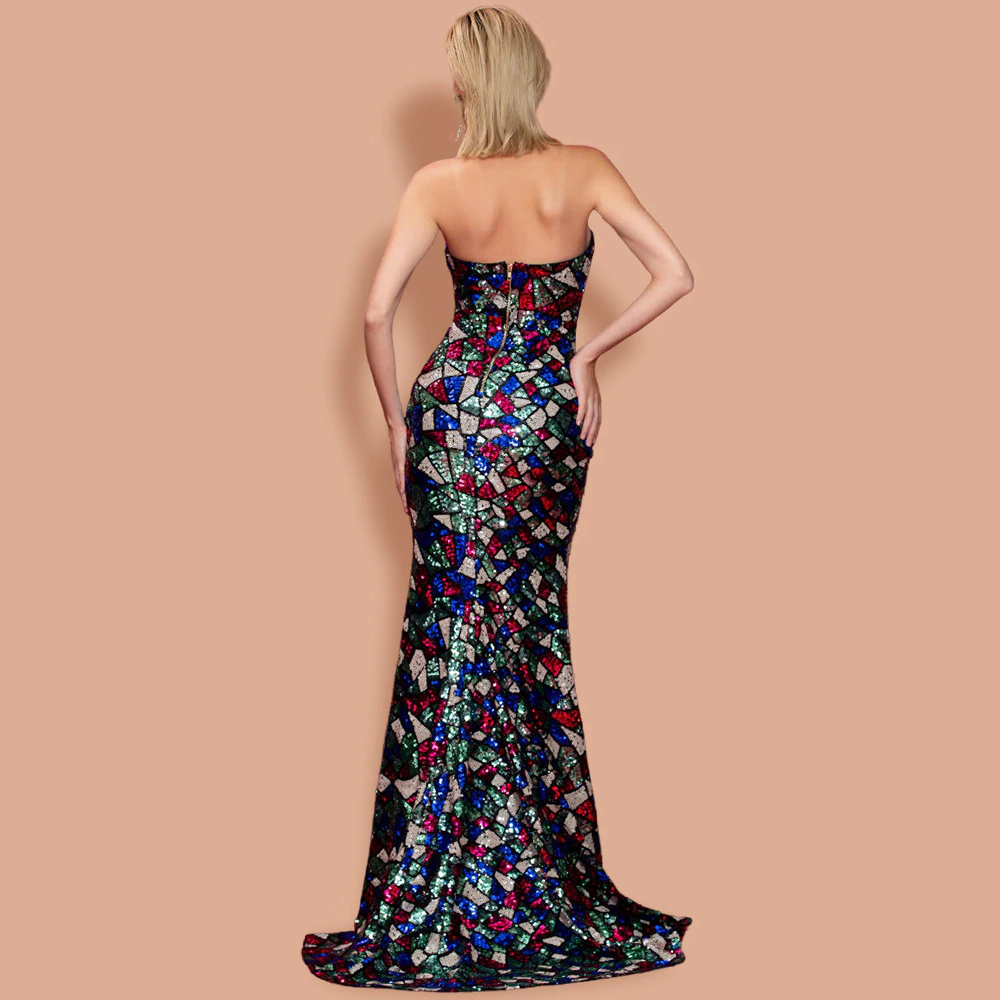 v neck off shoulder high split geometric pattern sequin dress