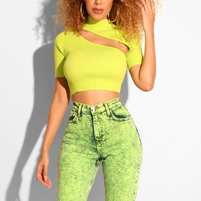 cut out high neck knitted short sleeve crop top