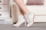 pointed toe rivets on canvas denim lace up high heeled ankle boots