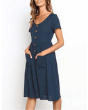 pocket button v neck short sleeve a line vintage casual midi dress