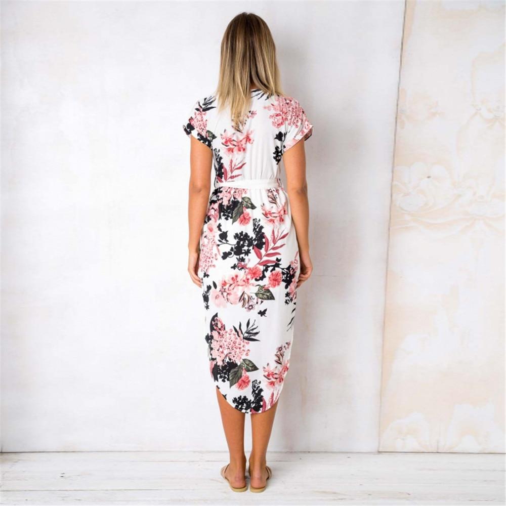boho floral print v neck short sleeve asymmetrical casual midi dress
