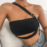 hollow out eyelet buckle asymmetrical strap crop top