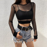 hollow out mesh o neck long sleeved skinny crop top