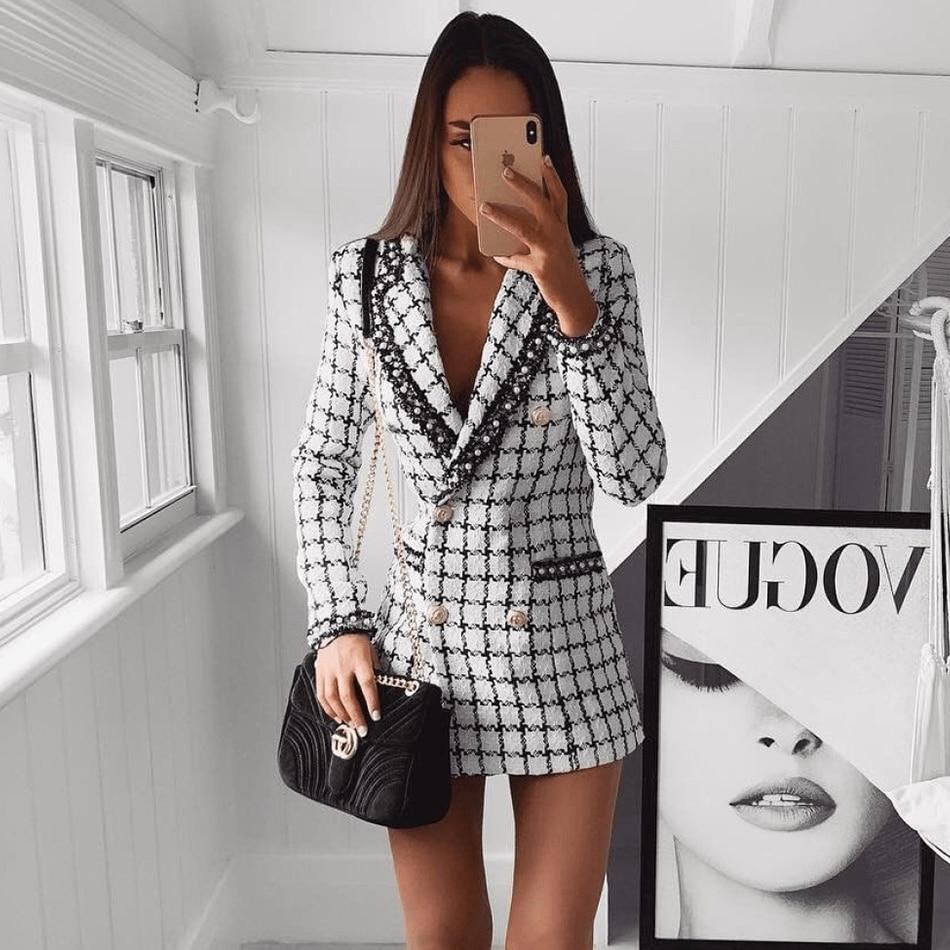 double breasted deep v neck long sleeved plaid jacket