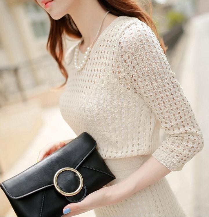 geometric hollow out knitted quarter sleeves casual dress