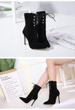 flock cross tied zipper pointed toe thin heel ankle boots