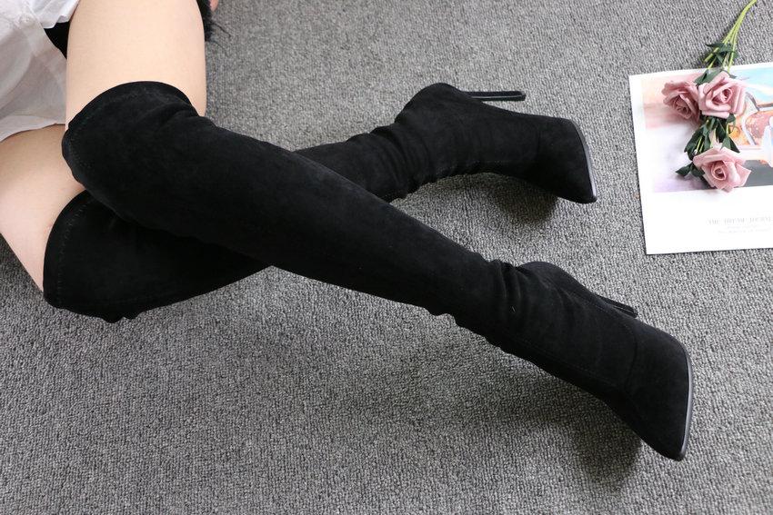 stretch fabric slip on pointed toe high heel long boots