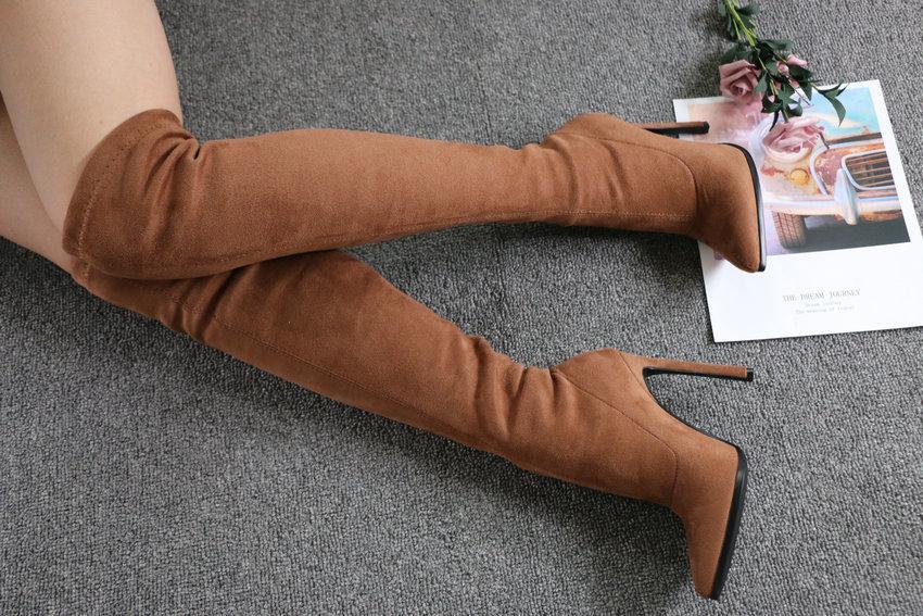 stretch fabric slip on pointed toe high heel long boots