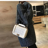woolen pearl square shaped chain panelled shoulder bag