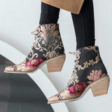 embroidery flower lace up ankle boot