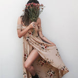 off shoulder boho floral split vintage chiffon maxi dress